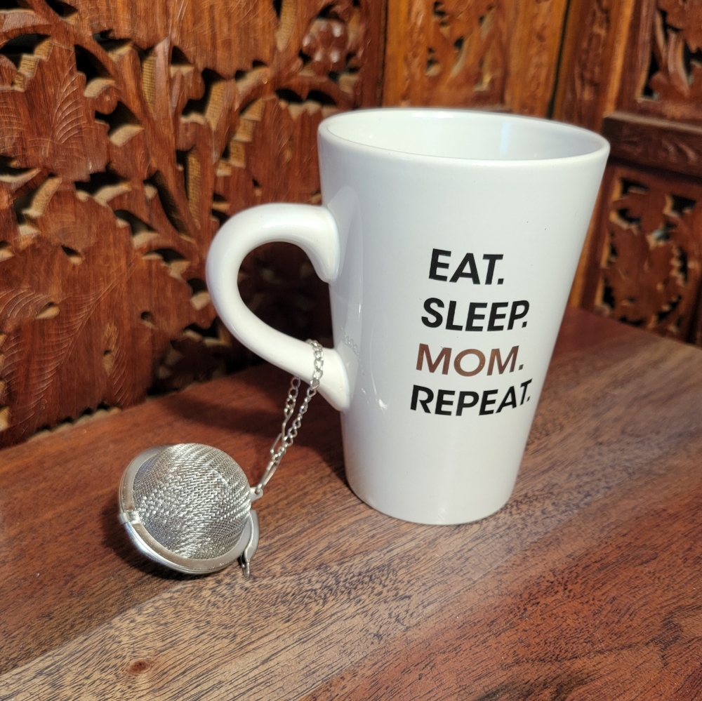 Eat Sleep Mom Repeat Ceramic Mug with Mesh Tea Strainer